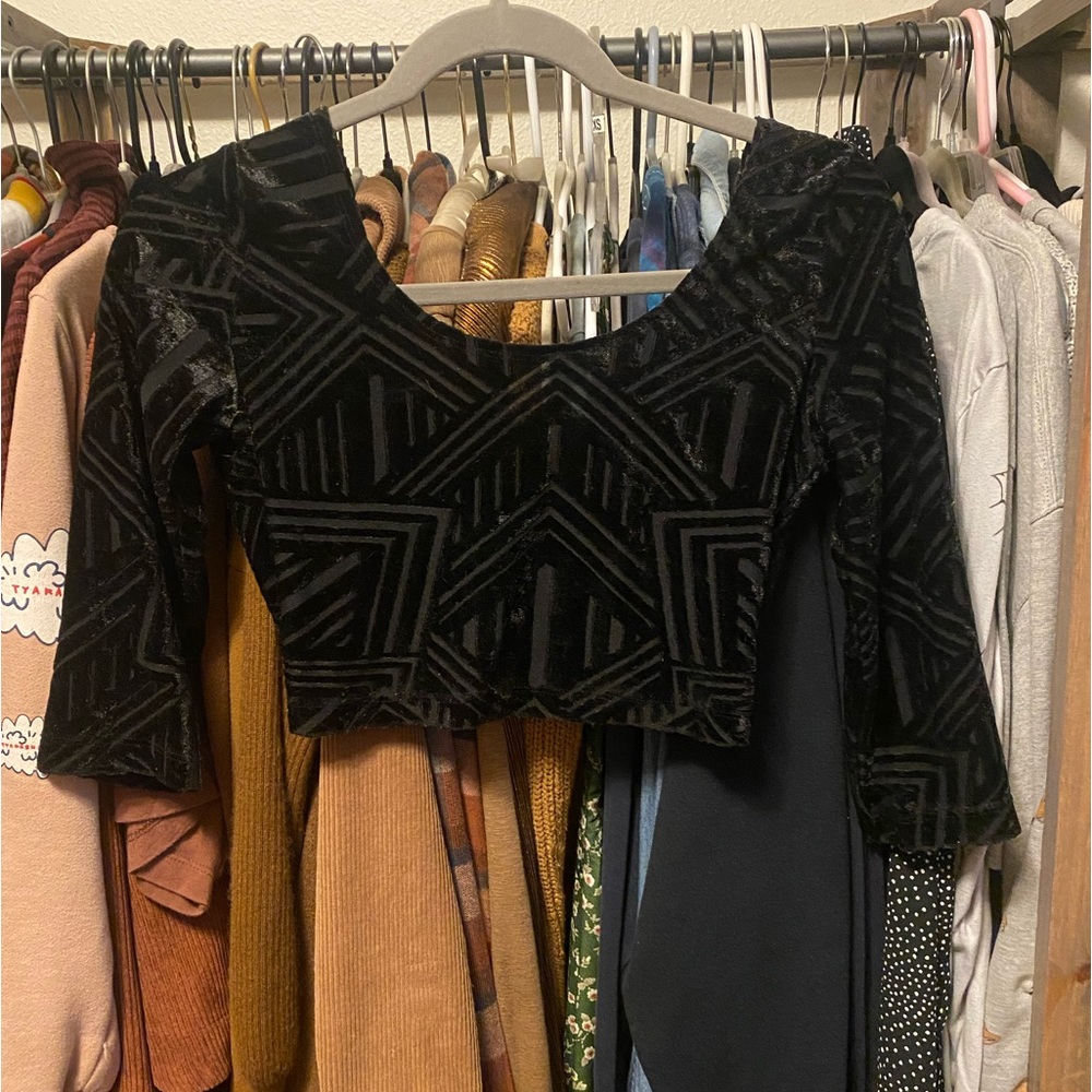 Black Sheer Velvet Mesh Geometric Cutout Crop Top